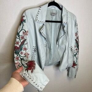 Alice & You Light Blue Embroidered Floral Studded Faux Leather Moto Jacket‎ XS